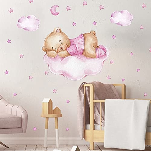 Bär auf der Wolke Wandtattoo ROSA V269 | handgezeichnet | AUFKLEBER Kindergarten | Wandsticker Kinderzimmer Teddybär mit Sterne Teddy Mädchen Mädchenzimmer (40 x 40 cm)