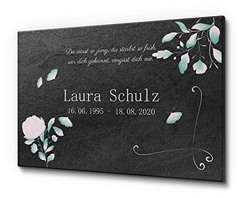 Schöne Grabstein in 30 x 20 cm | Gedenkstein aus Premium Schiefer für Menschen | gestalte Dein Grabplatte für Menschen ganz einfach selbst - Du hast eine riesen Auswahl an Motiven zur Verfügung