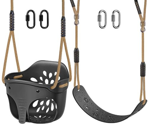 SELEWARE Lot de 2 balançoires pour enfant avec dossier haut et corde réglable et 4 mousquetons verrouillables, design mignon en forme d'éléphant, capacité de 272 kg