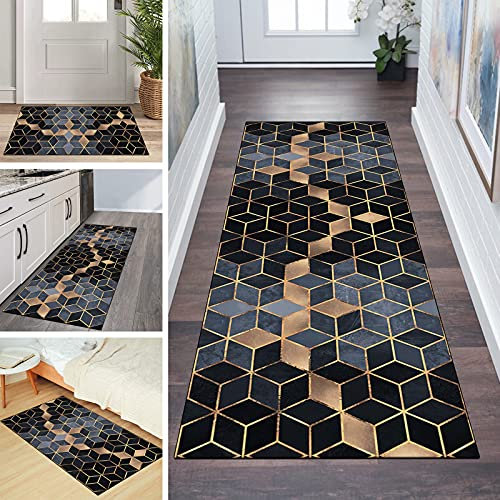 Teppich Läufer Flur rutschfest 100x300cm Küchenteppich Schwarz Grau Gold Geometrisch Waschbar Meterware Schlafzimmer Korridor Teppichläufer Lang, Länge Anpassbare, 60/ 70/ 80/ 90/ 100/ 120cm Breit