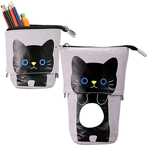 Norhogo 2-in-1 Schlampermäppchen und Stifteköcher, mäppchen Katze, Teleskopisch Mäppchen, Schön Stehendes Mäppchen, Pencil Slider für Teenager Schülerin, Grau