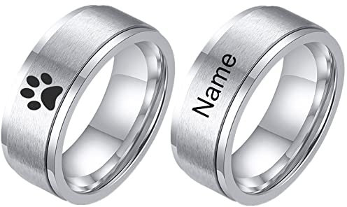 Personalisierter Hunde Katzen Name Graviert Haustier Pfote Spinner Ring Edelstahl 8 mm Zappeln Angst Erleichterung Ring,Pets Andenken Schmuck Erinnerungsgeschenke für Haustierverlust,Size12,Silber