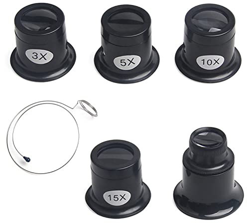 Kettion Uhrmacherlupe,5 Stück Augen Lupe Glas Okular,3X/ 5x/10x/15x/20x Schmuck Augen Lupe für Juwelier Uhr Hobby Münzen Uhrmacher Elektriker Nähen (Schwarz) 