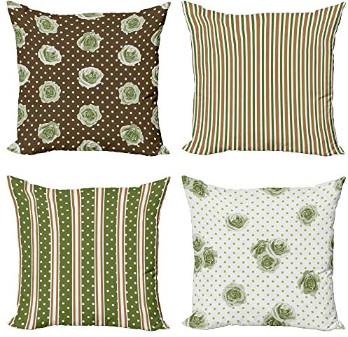 ABAKUHAUS Englische Rose Dekokissen Kissenbezug 4er Pack, Vintage Blumen Dots Modern Accent Doppelseitiger Digitaldruck, 40 cm x 40 cm, Olivgrün und Braun