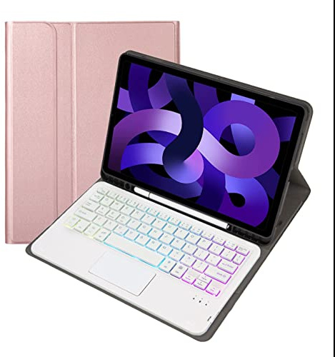 Bueuwe Étui Clavier pour iPad Air 5e 4e génération 10.9, QWERTY Clavier détachable Bluetooth rétroéclairé 7 Couleurs avec pavé Tactile,Rose Gold