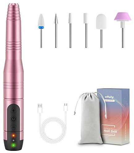 efuly Wireless Quiet Nail File with 20000 rpm Adjustable Nail Drill, USB Rechargeable Cutter Nails, Manicure Pedicure Set, Foot Care – Pink