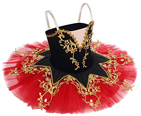 IBAKOM Girls Ballet Dance Swan Lake Tutu Dress Strap Lace Rhinestone Camisole Gymnastic Leotard Figure Skating Dancewear Ballerina Outfit with Flower Hairclip Black+Red 4-5 Years