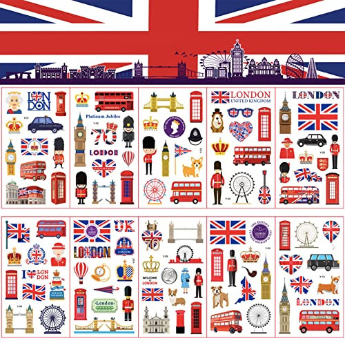 10 Sheet Union Jack Flag Tattoos for VJ Day 80th Anniversary Decorations,Coronation Temporary Tattoos Stickers,Fake Tattoo UK Stickers for Adult,Kids Stick on Tattoos Union Jack Party Supplies