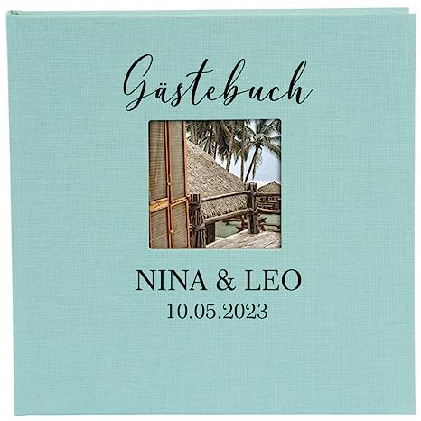 AWASG Fotobuch zum selbstgestalten einkleben mit Name | Fotoalbum 25x25 cm personalisiert mit Wunschtext | Album aus Leinen 60 Seiten weiß | Kommunion Hochzeit Taufe & Co. (mint)