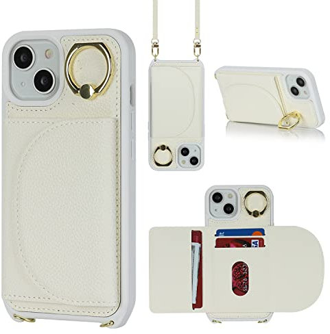 Cavor Cover Compatibile con iPhone 14/13 con Cordino,Flip Portafoglio Custodia Pelle,[4 Porta Carte][Supporto][Magnetico],Custodia Cover con Laccio Compatibile con iPhone 14/13 - Bianco