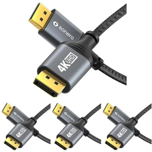 Sonero® 4K DisplayPort-Kabel 1.2, DisplayPort Stecker auf DisplayPort Stecker, 4K 60Hz, 2K 144Hz, Baumwollmantel, grau/schwarz, 1,00 Meter (Packung mit 4)