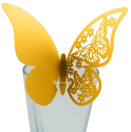 zalati Schmetterlings-Tischkarten, 50 Stück, Wein, Champagner, Glas, ausgehöhlte Papierkarte für Hochzeit, Party, Dekoration Gold