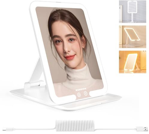 WOBSION Travel Mirror with Light, Led Light Up Mirrors for Makeup, Rechargeable Light Mirror with 3 Color for Handbag, Gifts for Girls, Adjustable Stand, White