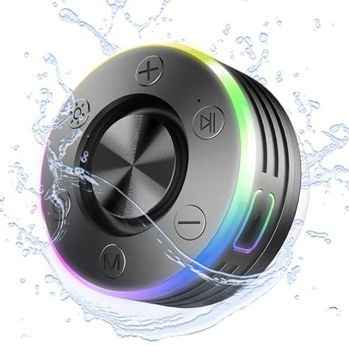 ISMMIK Bluetooth Shower Speaker, Waterproof Portable Wireless Speaker IP7 Speaker 360° Surround Sound, LED Light, Bulit-in Mic, Bathroom Speaker with Suction Cup for Bathroom, Outdoor, Party, Travel