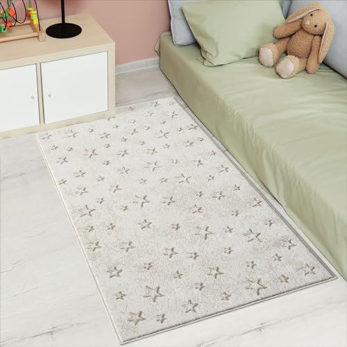 Kinderteppich Creme, Beige - 80x150 cm - Sterne Muster - Kurzflor Teppiche Kinderzimmer, Spielzimmer