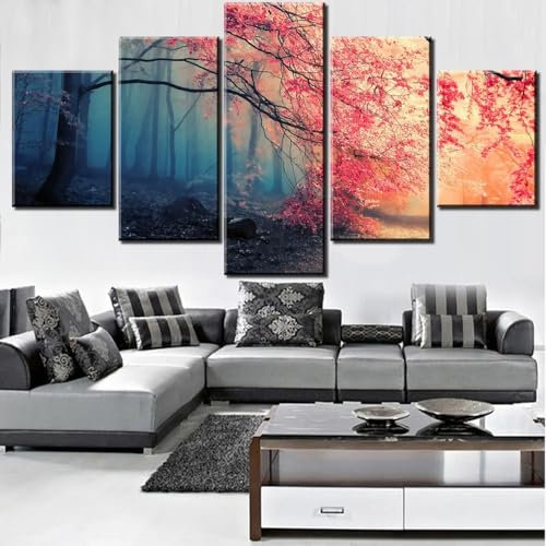 WAGYU 5 teiliges wandbild Kirschblüten-Rotbaum-Poster 5 stück leinwand wandkunst,5 teilig leinwand wanddeko wohnzimmer,leinwanddruck 5 teilig bilder wohnzimmer modern groß,mit rahmen,xxl 100x55cm