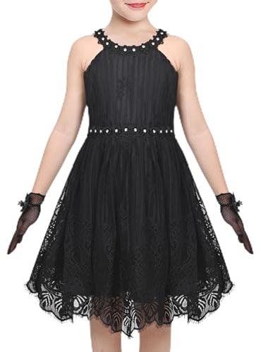 Sunny Fashion Mädchen Kleid Schwarz Spitze Handschuh Strass Halfter Formal Party Ballkleid Gr. 122,Schwarzes Halfter,122