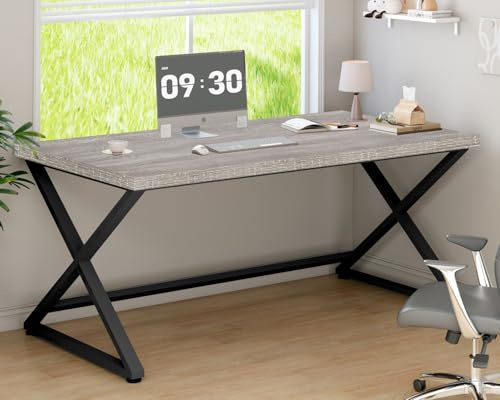IBF Gray Computer Desk, Home Office Work Writing Desk Light Grey Oak, 152cm | Simple Work Desk for Writing Study, Industrial Wood Metal Executive Home Office Desk, Pc Laptop Workstation Computer Table