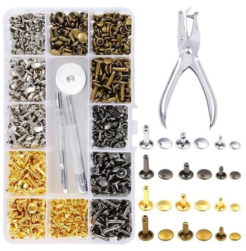 180 Sets Leder Nieten, 3 Größen Nietenzange Set, Ledernieten Metall Hohlnieten Set mit Fixierwerkzeug Nietenzange Lochzange Metallniete Doppelkappe Nieten für DIY Handwerk Nähen