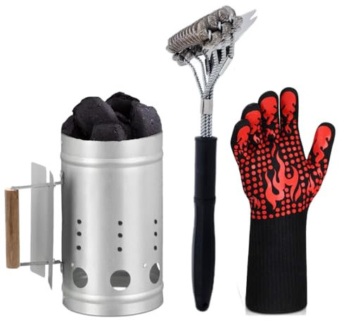 KIT BBQ Barbecue Accendi Carbone Carbonella Ciminiera accenditore con Guanto Termico e Spazzola Pulizia Gril