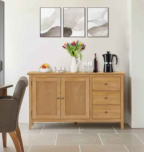 Hallowood Furniture Aston Large Sideboard Cabinet with Cupboard, 3-Drawer Wooden Sideboard Storage Cabinet, Ready-Assembled Light Oak Sideboards for Living Room, Kitchen or Bedroom