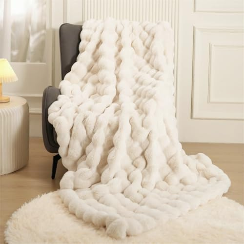 Gezu Kuscheldecke Flauschig Plüsch Decke 200x220cm Beige Super Weiche Kuschelige Fuzzy Bettdecken Kaninchen Kunstfell Decke Leichte Decken Warme Kuscheldecke für Couch Bett Sofa Schlafzimmer Bür