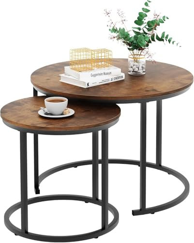 Huhote Round Coffee Tables, Set of 2 End Table, Nesting Tables, Side Table with Metal Frame for Living Room/Bedroom/Balcony/Office/Apartment, Diameter 23.6/15.7 IN (Black Frame, Brown Top)