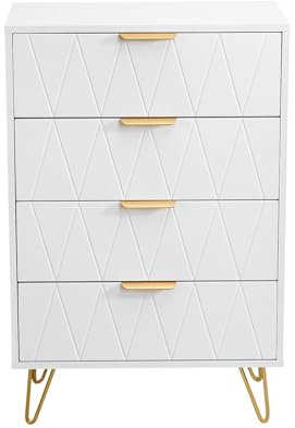 belupai Weiße Kommode mit 4 Schubladen, Schrank Aufbewahrungsschrank mit goldenen Metallgriffen und Beinen, Kommode für Wohnzimmer, Schlafzimmer, Flur