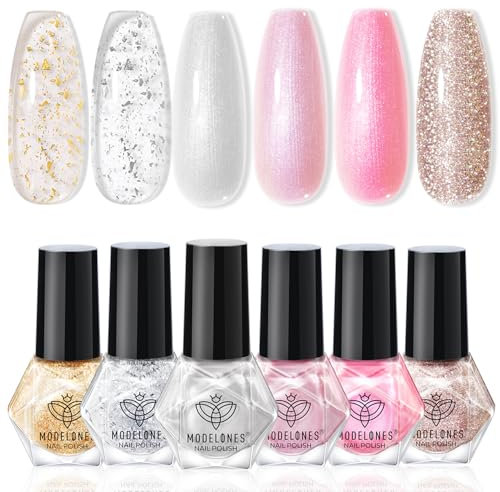 MODELONES Smalto glitterato, 6 colori, ad asciugatura rapida, rosa, argento, oro, trasparente, glitter estivi, set di smalto per unghie a lunga durata, per salone fai da te, manicure, a base d'acqua