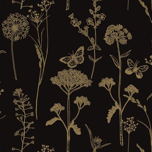 Timeet Self Adhesive Wallpaper Black 44x300CM Peel and Stick Wallpaper Floral and Butterfly Sticky Back Plastic Vinyl Warp Waterproof Contact Paper for Bedroom Living Room Wall Cabinet