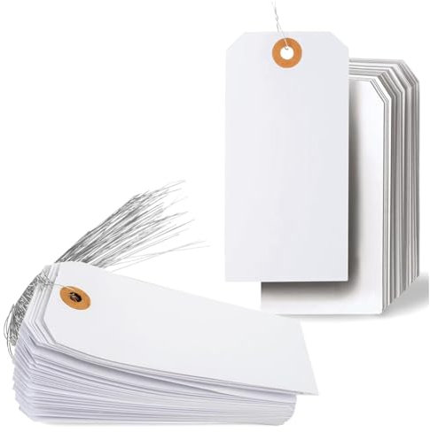 Asyduey 125 Stück Hängeetiketten mit Verstärkter Öse und Draht, Vormontierter Drahtkarton Zur Preisbeschriftung, 4 3/4 X 2 3/8, Langlebig, Einfach zu Verwenden