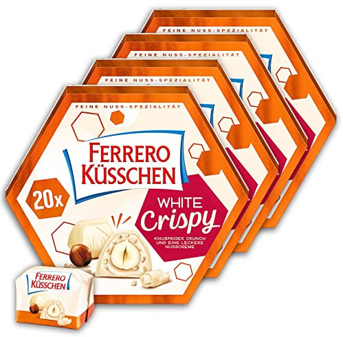 4er Pack Ferrero Küsschen White Crispy - Nuss-Schoko-Praline mit weisser Schokolade