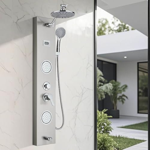 Zamery Duschpaneelsystem 4 Duschmodi Regenfall, Wasserfall 2 Körpermassagedüsen Wannenauslauf Handbrause Schlauch Duschsystem 304 Edelstahl Gebürst