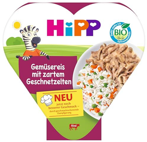 HiPP Bio Gemüsereis mit zartem Geschnetzelte (6 x 250g), Menü ab 1 Jahr, schonend dampfgegart, vegetarisch, kindgerecht gewürzt, in Bio-Qualität