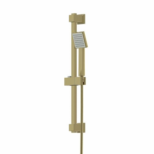 Architeckt® Bathroom Shower Kit Square Single Spray Adjustable Handset Head & Riser Rail with Shower Head Holder, 1.5m Flexible Hose, Brushed Brass