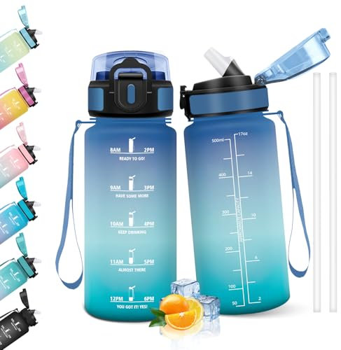 HoneyHolly Borraccia 500Ml, Senza BPA & A Prova di Perdita, Borracce con Cannuccia, Reutilizables, Water Bottle, Bottiglia Motivazionale per Scuola, Palestra, Ufficio, Running