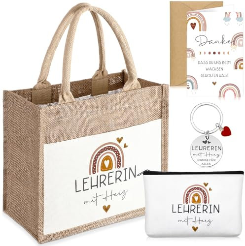 Tenare Abschiedsgeschenk für Lehrerin Enthalten Jutetasche im Böhmischen Regenbogen Schlüsselanhänger mit Liebesanhänger Kosmetiktasche Grußkarten Briefumschläge Lehrergeschenk Danke Geschenk