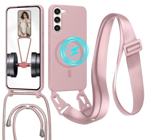 Coque pour Samsung Galaxy S23 avec Cordon,(Compatible avec MagSafe) Etui avec Collier - Tour de Cou Lanière en Corde - Silicone Housse avec Réglable Chaine pour Samsung Galaxy S23,Bandouliere ,Or Rose