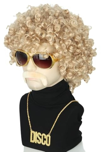 CGVG 4er Afro Perücke Set Herren Männer Afro Perücke mit Sonnenbrille Schnurrbart Halskette 70er 80er Jahre Vokuhila Disco Hippie Outfit für Karneval Halloween Fasching (Blond-2)