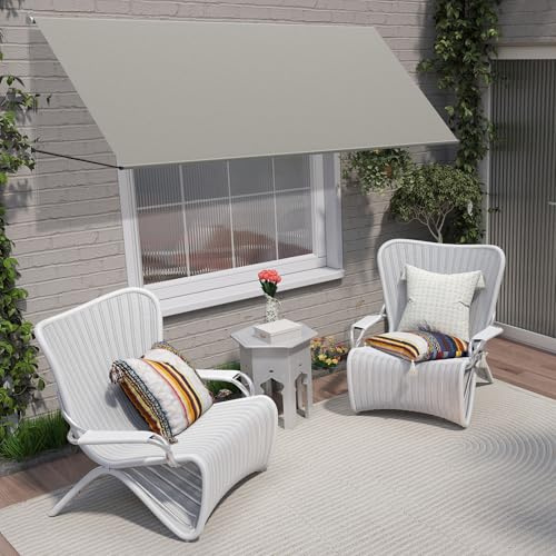 Aufun Tenda da sole retrattile, tenda da sole per finestra, con cordoncino e asta di supporto in alluminio, per terrazza, balcone, giardino, grigio, 300 x 145 cm