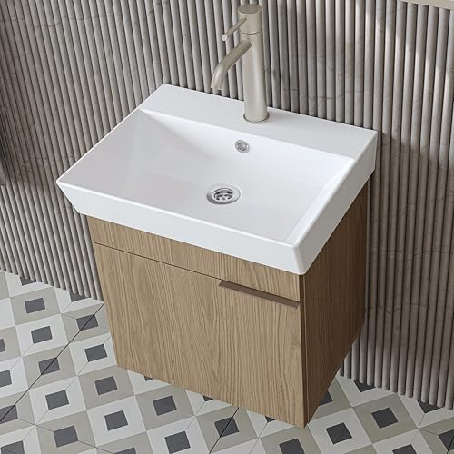 ROOMART Badmöbelset LYCIA 50 cm Unterschrank mit Keramik-Waschbecken, Spiegelschrank, Seitenschrank, Badezimmermöbel in 4 Farben (Eiche, Unterschrank mit Waschbecken)