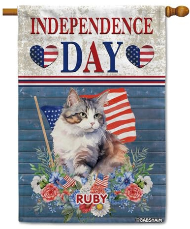 GABSHAIM Individuelle Katze Willkommensflagge Unabhängigkeitstag Flagge 4. Juli Banner doppelseitiges Becken mit Blumenmuster wasserdicht Hof Eingang Dekor 101,6 x 71,1 cm