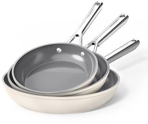 naturepan DiamondTitan Set 3 Sartenes Cerámicas (20+24+28 cm), Antiadherente para Todas Cocinas, Sin PTFE PFAS PFOA, Aptas para Horno, Lavavajillas con Mango que Permanece Frío (Beige)