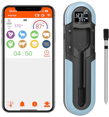 GALAX PRO Fleischthermometer Kabellos mit Bluetooth, App | IP66 Wasserdicht, Doppelsensor, 150m Reichweite, kabelloses Fleischthermometer für BBQ, Backofen, Grill, Küche