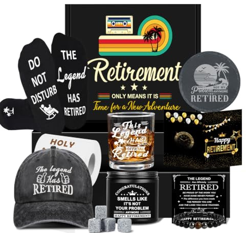 Retirement Gifts for Men 2026, Happy Retirement Party Decorations for Men | The Legend Has Retired Gifts Set for Man Funny Retirement Gift Baskets for Man Whiskey Glass Baseball Cap Socks Bracelet