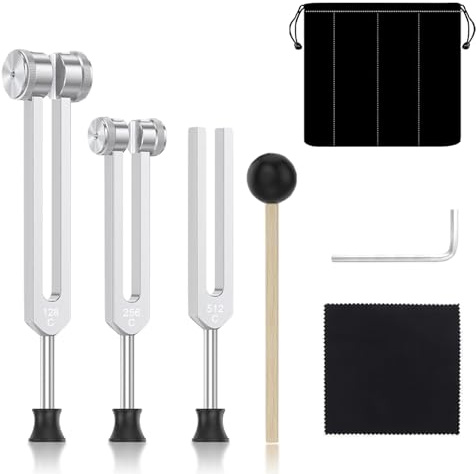 Seruno X Stimmgabel Set - Stimmgabel zum Heilen, 128 C, 256 C, 512 C, mit Silikonhammer und Tasche, Sound Healing Therapy Tool Set, für Meditation und Therapie (Mit Sockel)