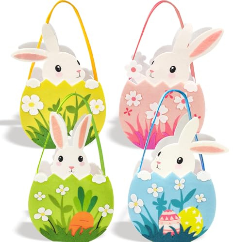 PeakPeek Set di 4 cestini pasquali per bambini in feltro, nido di Pasqua da riempire, cestino pieghevole con coniglio, cestino pasquale con manico per bambini, caccia alle uova di Pasqua e decorazione