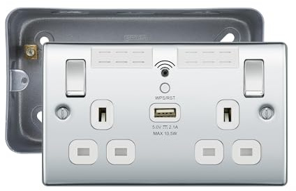 BG Nexus Polished Chrome 13A + Wifi Extender +1x USB(2.1A) Double Socket with Surface Mount Pattress Box, IP20, NPC22UWRW + MC502