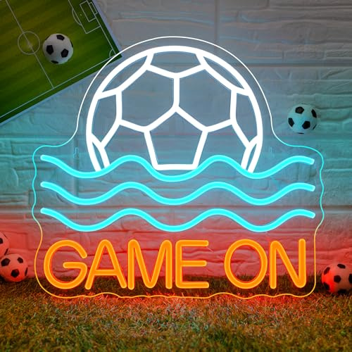 SIGNSHIP Fußball Neon Schild Game on LED Schild für Wanddeko USB Betrieben Dimmbar Football Leuchtschild mit 6 Helligkeitsstufen für Spielzimmer, Jugendzimmer, Sportbar, Fan-Shop, Sportplatz
