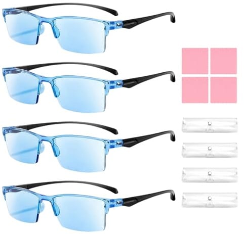 4 Pcs Smart Focus Brille Die Sich Automatisch Der Sehstärke Anpasst Blau, Intelligente Autofokus Brille Blaulichtschutz Modisch Vielseitig Leicht Komfortabel mit 4 Brillenetui 4 Brillenputztuch